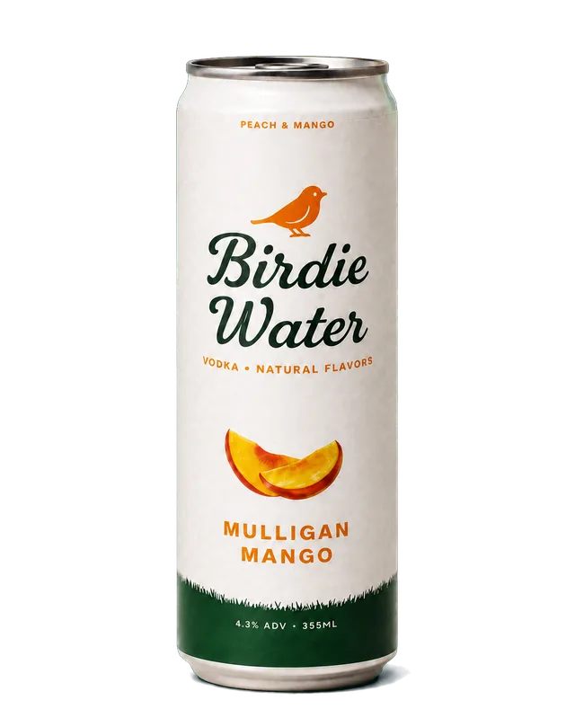 Birdie Water Mulligan Mango vodka seltzer can — peach and mango