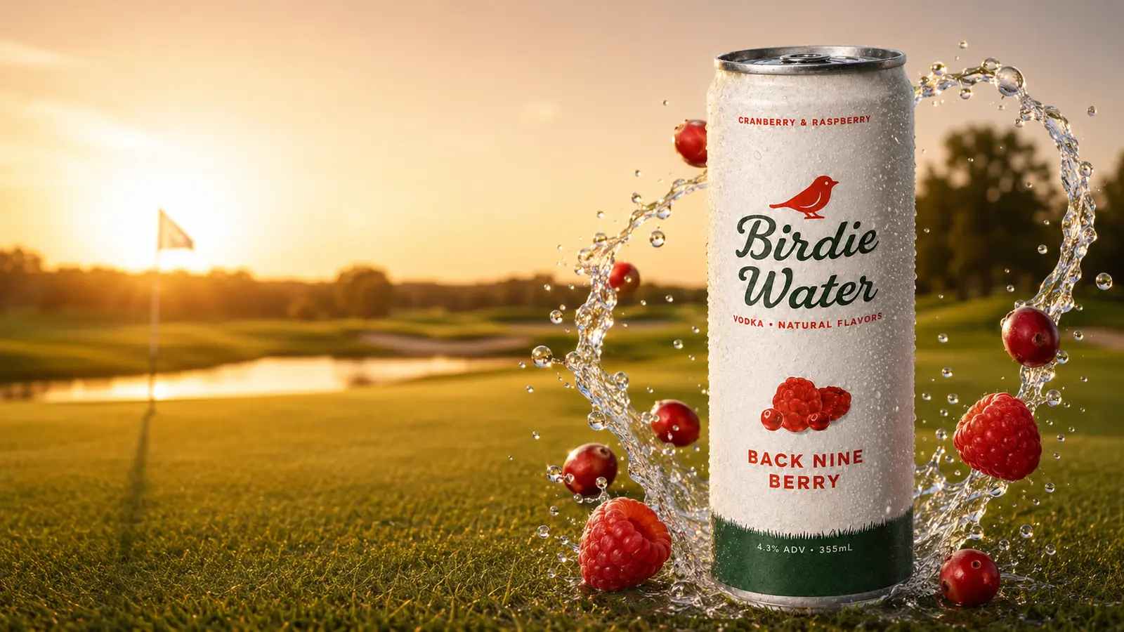 Birdie Water Back Nine Berry can on a golf course at sunset