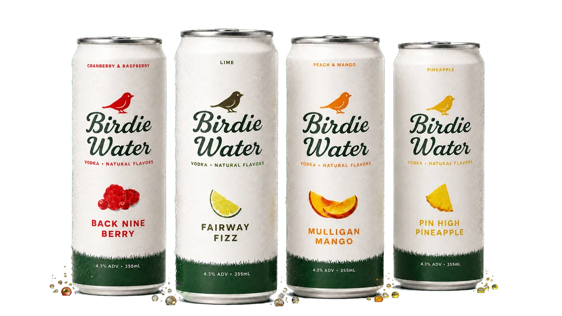 Birdie Water Back Nine Berry 12oz can with a water splash