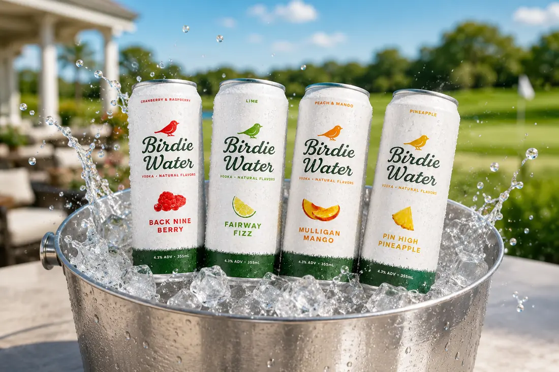 All four Birdie Water vodka seltzer flavors in a clubhouse ice bucket